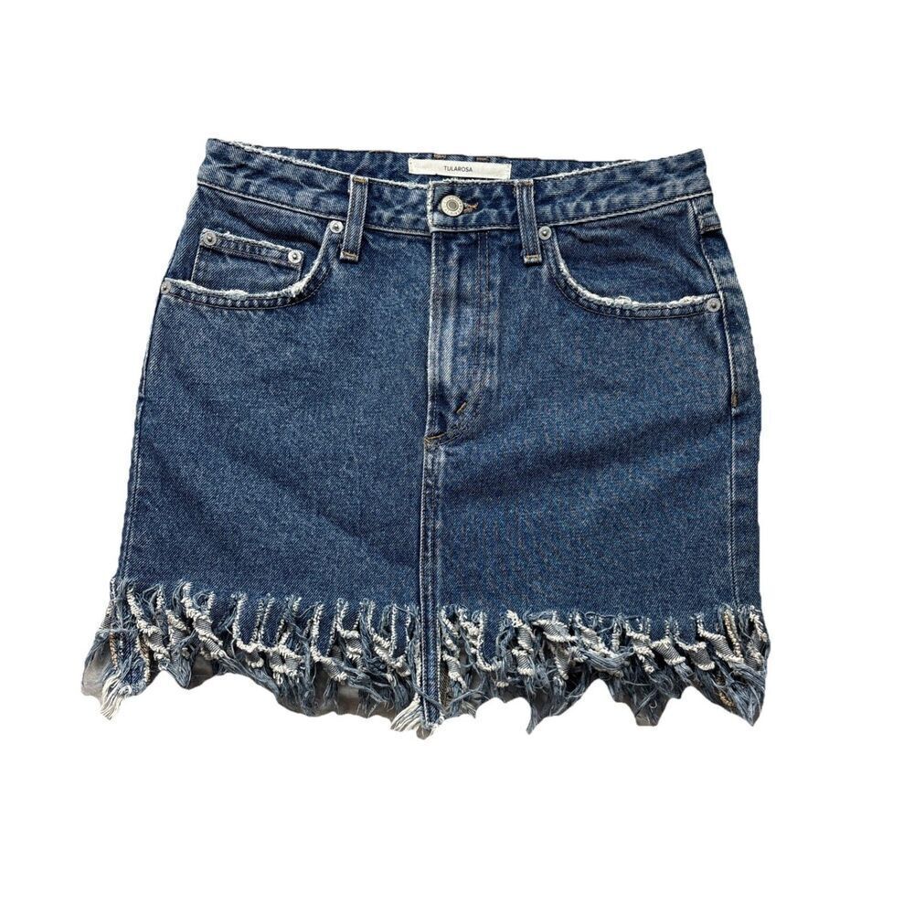 TULAROSA AUBREY Women Sz 26 (actual 28) Blue Denim 14" Fringe Mini Skirt Revolve